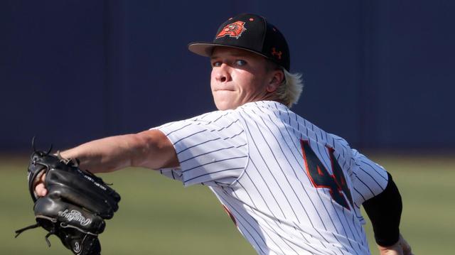 Aledo pitcher Luke Sandefur (44) strikes a batter during a UIL 5A D1 semifinal baseball game at Dallas Baptist University’s Horner Ballpark in Dallas, Texas, Thursday, May 29, 2025.